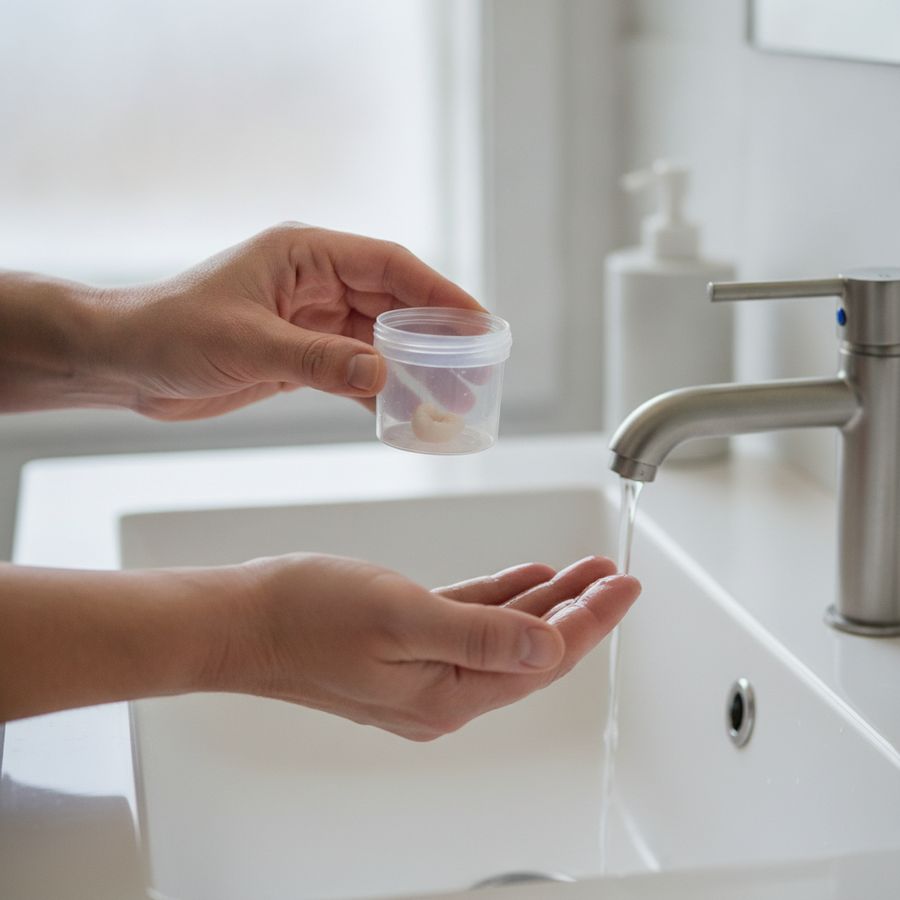 Hand bewaart een klein tandfragment in een schoon bakje naast een helder verlichte wastafel.